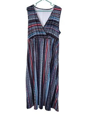 Striped V-Neck Sleeveless Midi Dress in Black, Blue & Pink